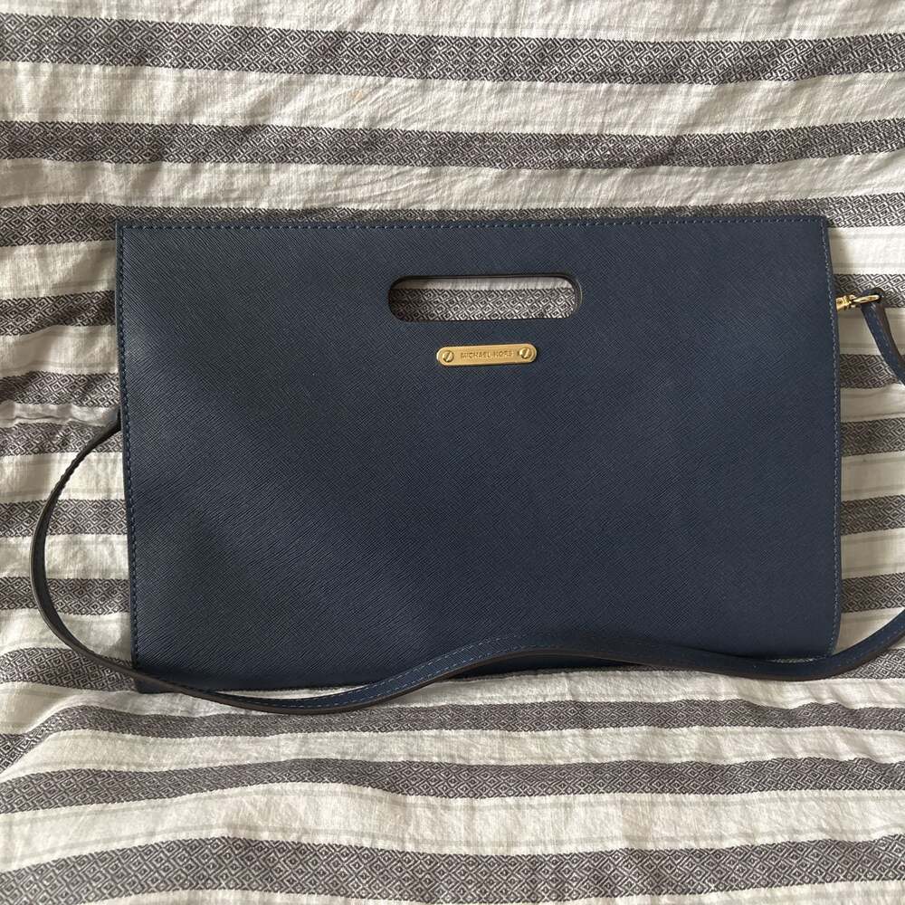 Michael Kors Tilda XL Blue Saffiano Leather Convertible Envelope Clutch